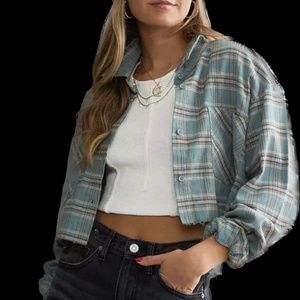 Blue Blush Plaid Cropped Flannel Shirt